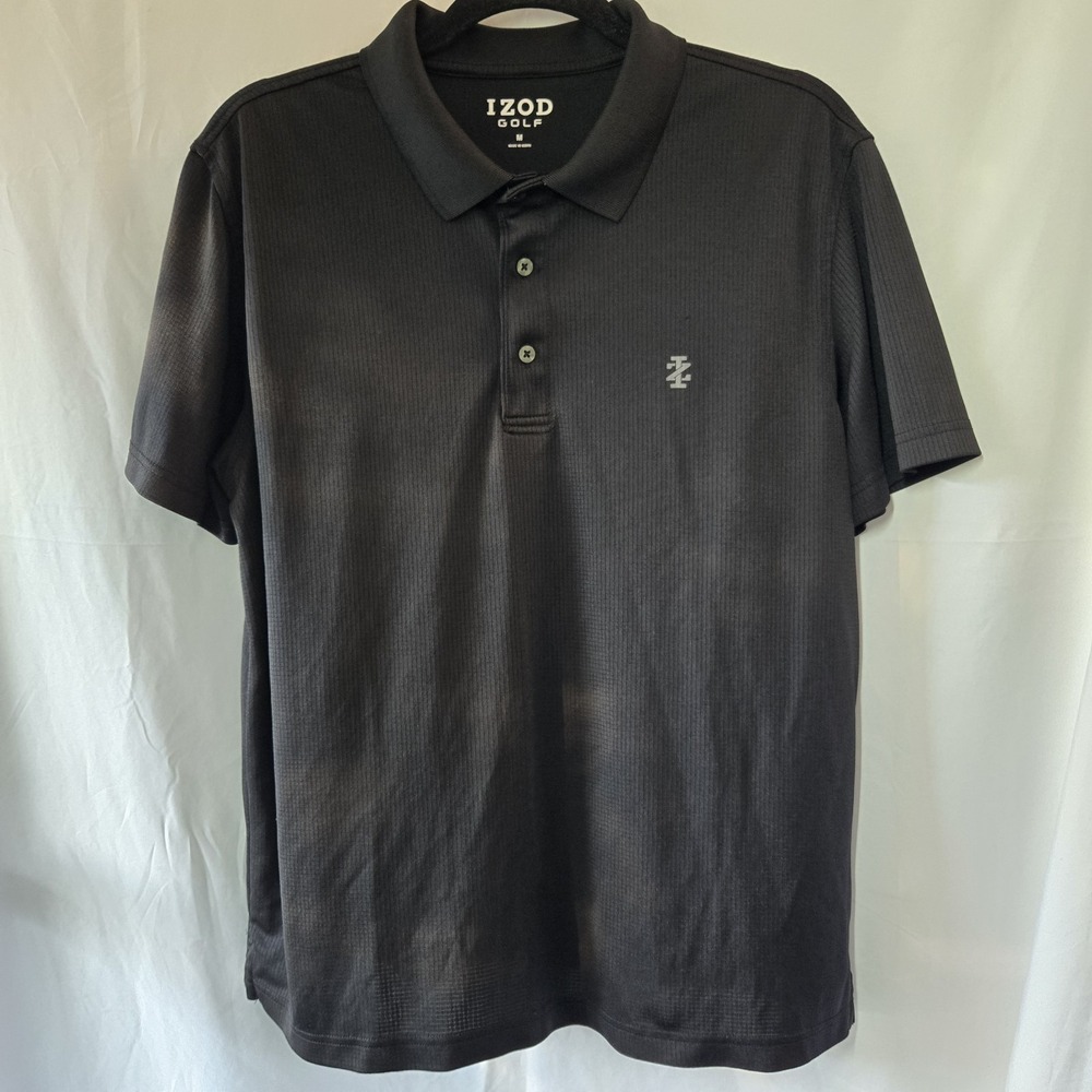 IZOD Golf Mens Polo Shirt Size Medium Black Mini‎ Check Regular Fit
